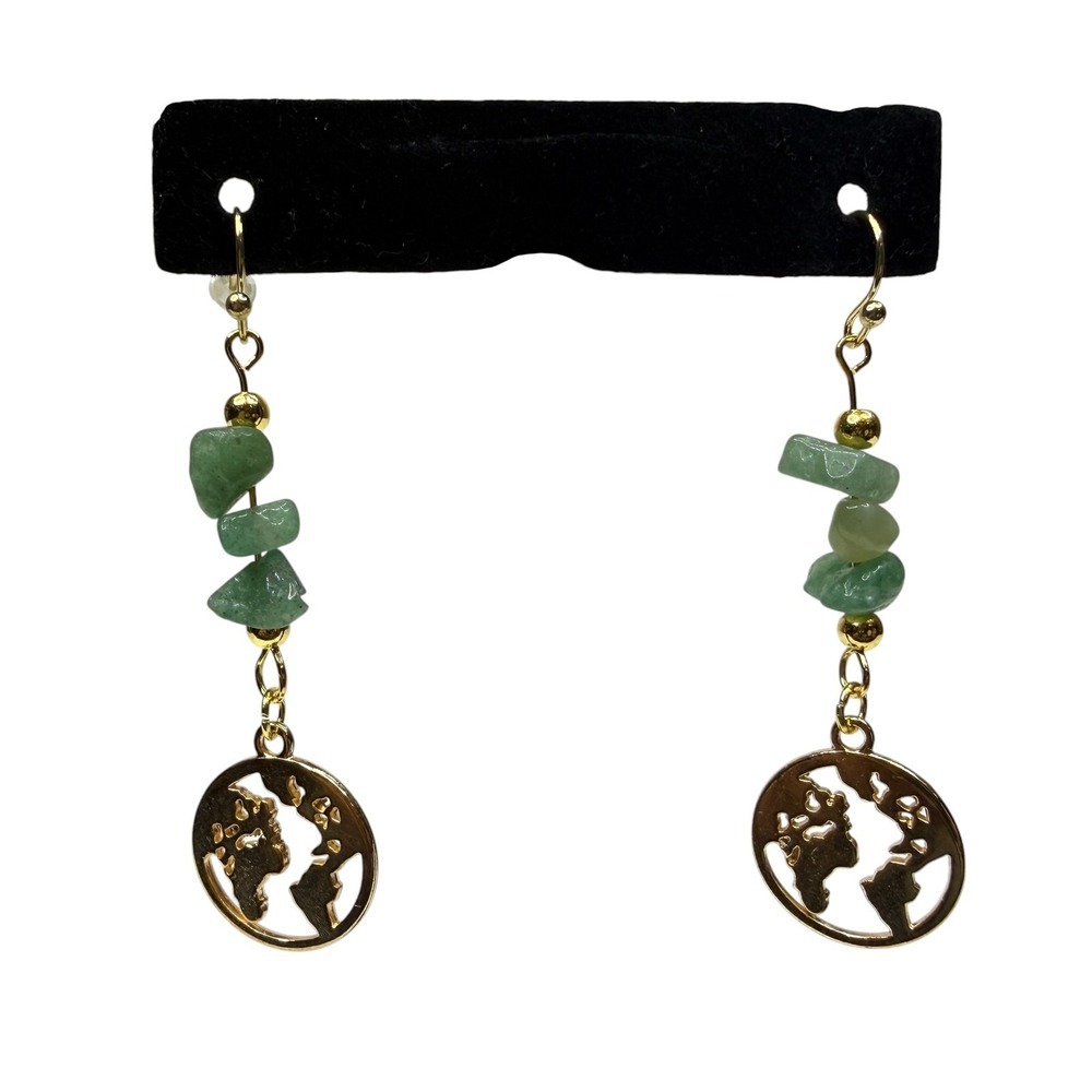 Green Aventurine Chip Stone Gold Tone World Map Globe Dangle Drop Earrings Boho